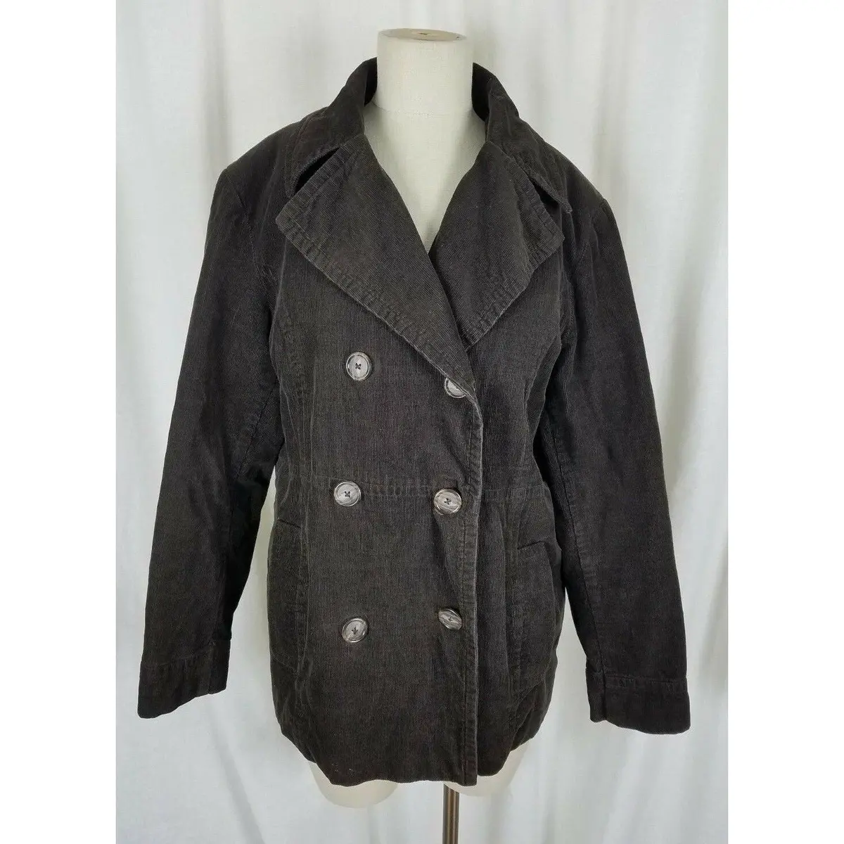 G.H. Bass Corduroy Double Breasted Trench Peacoat Coat Womens L Chocolate Brown 1
