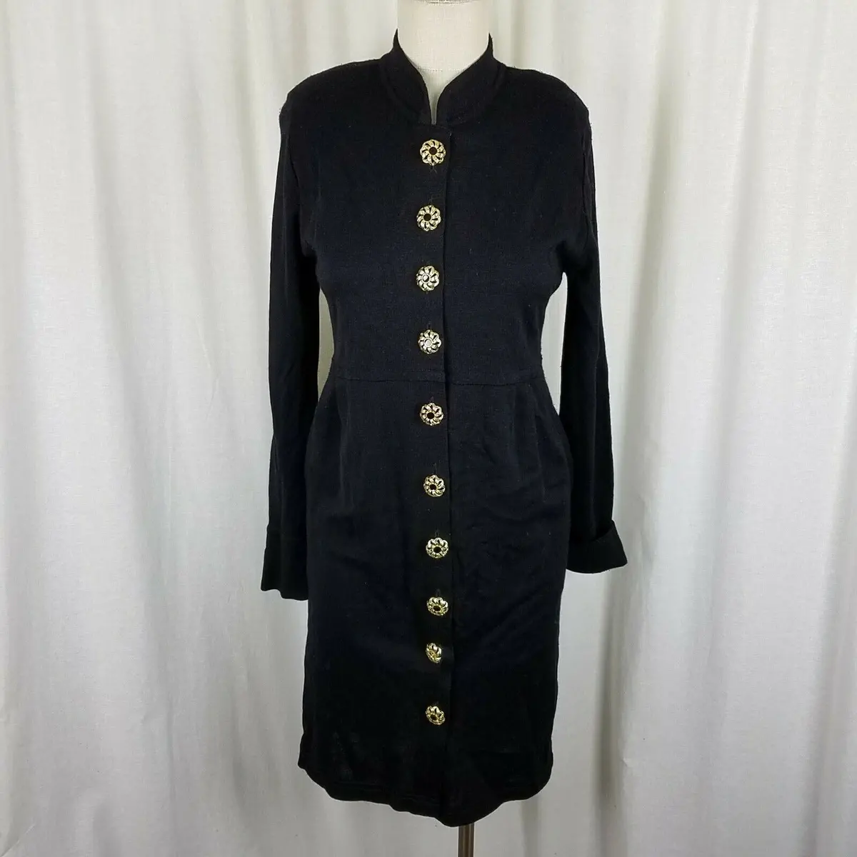 Vintage Santana Double Knit Sweater Coat Dress Womens S M Gold Buttons Front 1