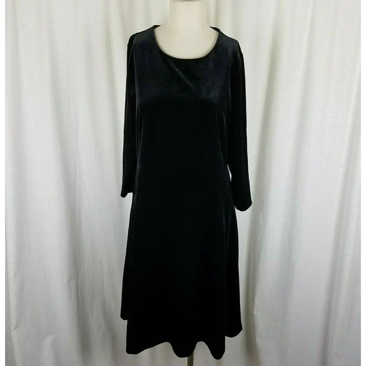 Lands End Velvet Fit & Flare Long Sleeve Scoop Neck Little Black Dress Womens L 1