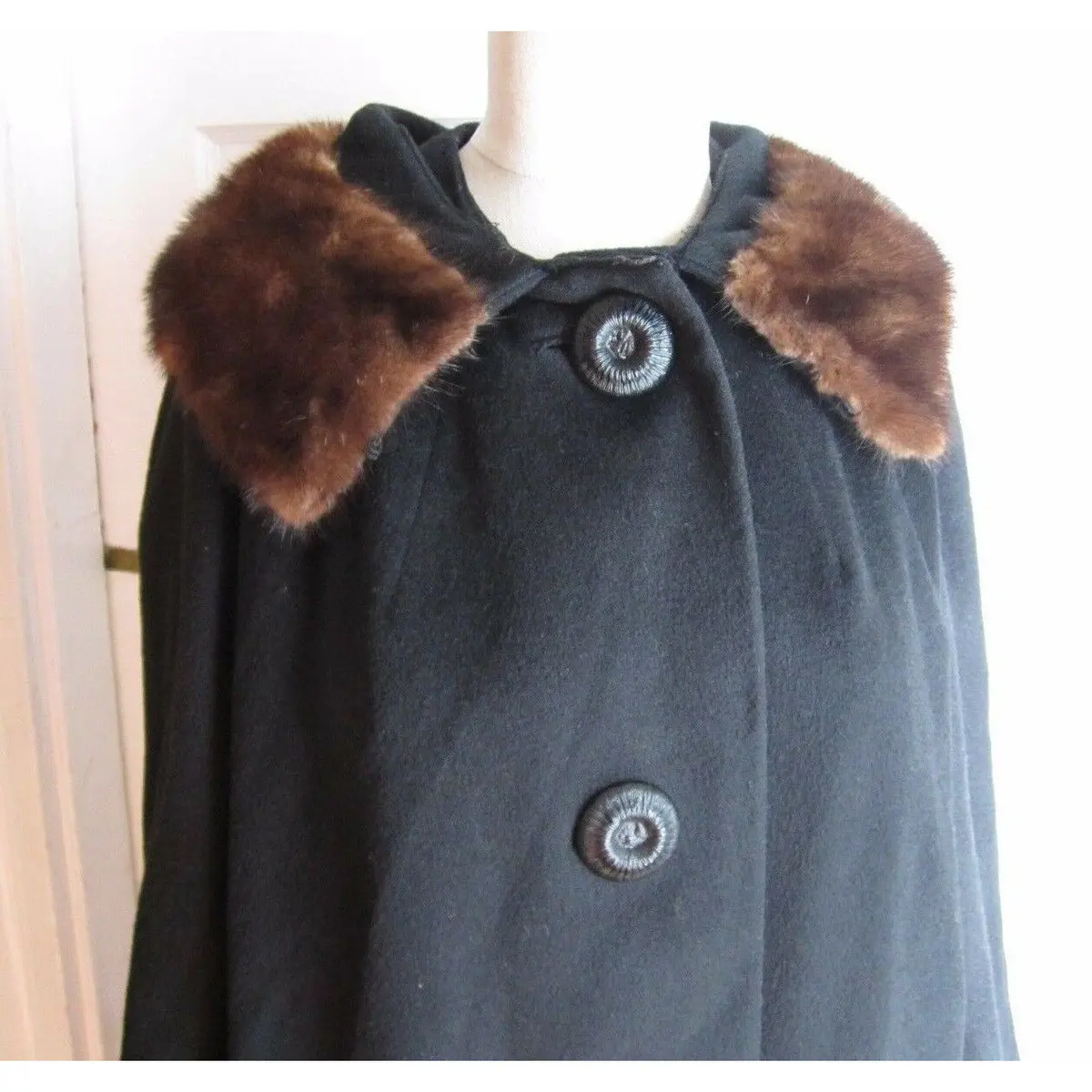 Juilliard Fabric Mid Century Mod Fur Collar Wool Coat Cloak Womens S M Usa Black 1