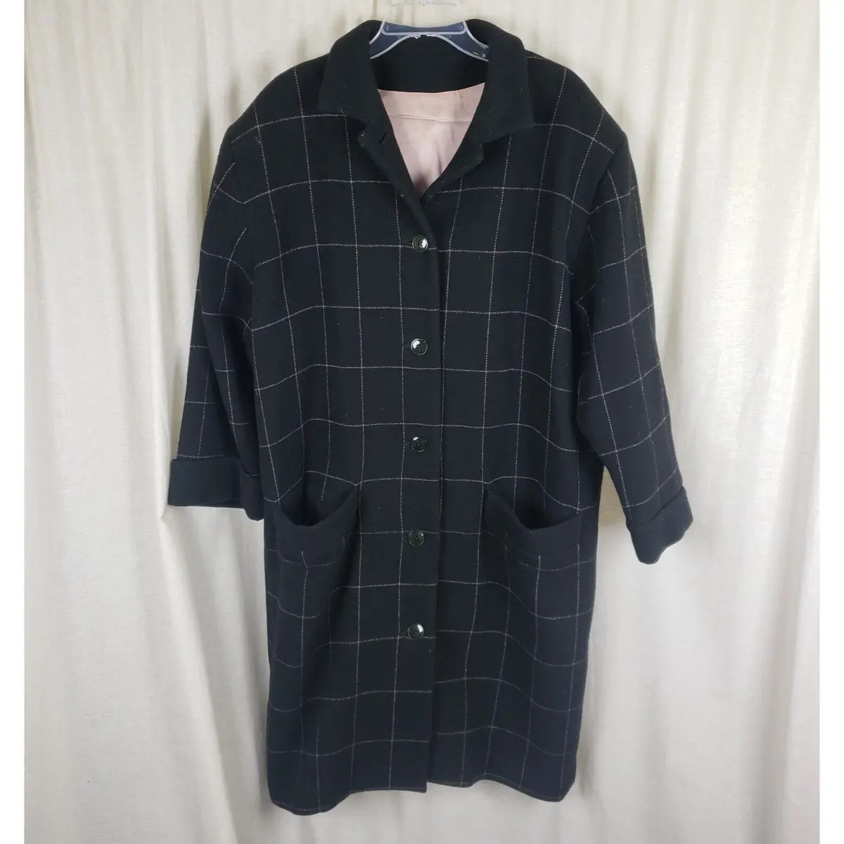 Vintage Wool Black Pink Plaid Peacoat Trench Coat Womens Xl Cuffed Patch Pockets 1