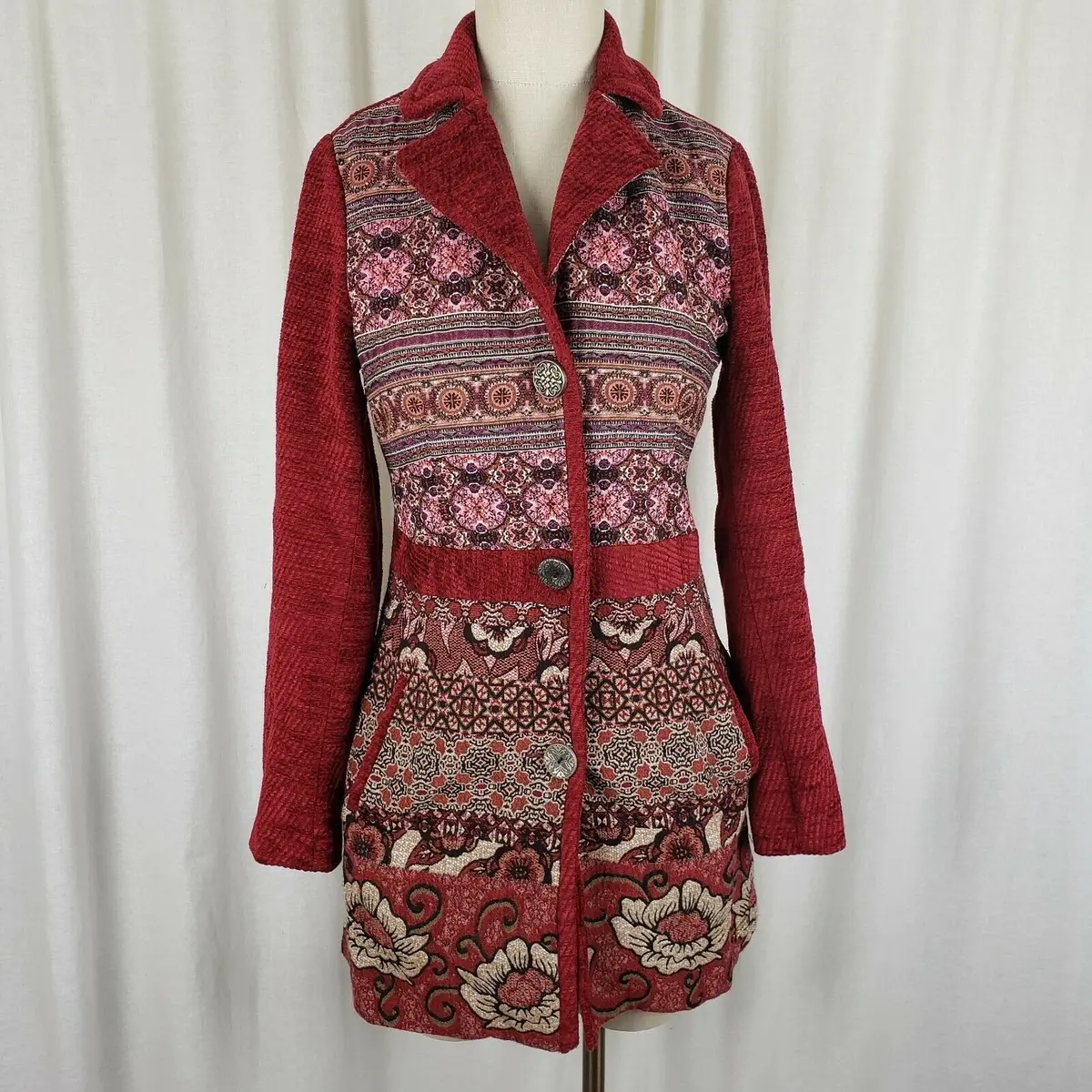 Desigual Natalie 67E29e2 Colorful Tapestry Wool Patchwork Peacoat Womens 36 Xs 1