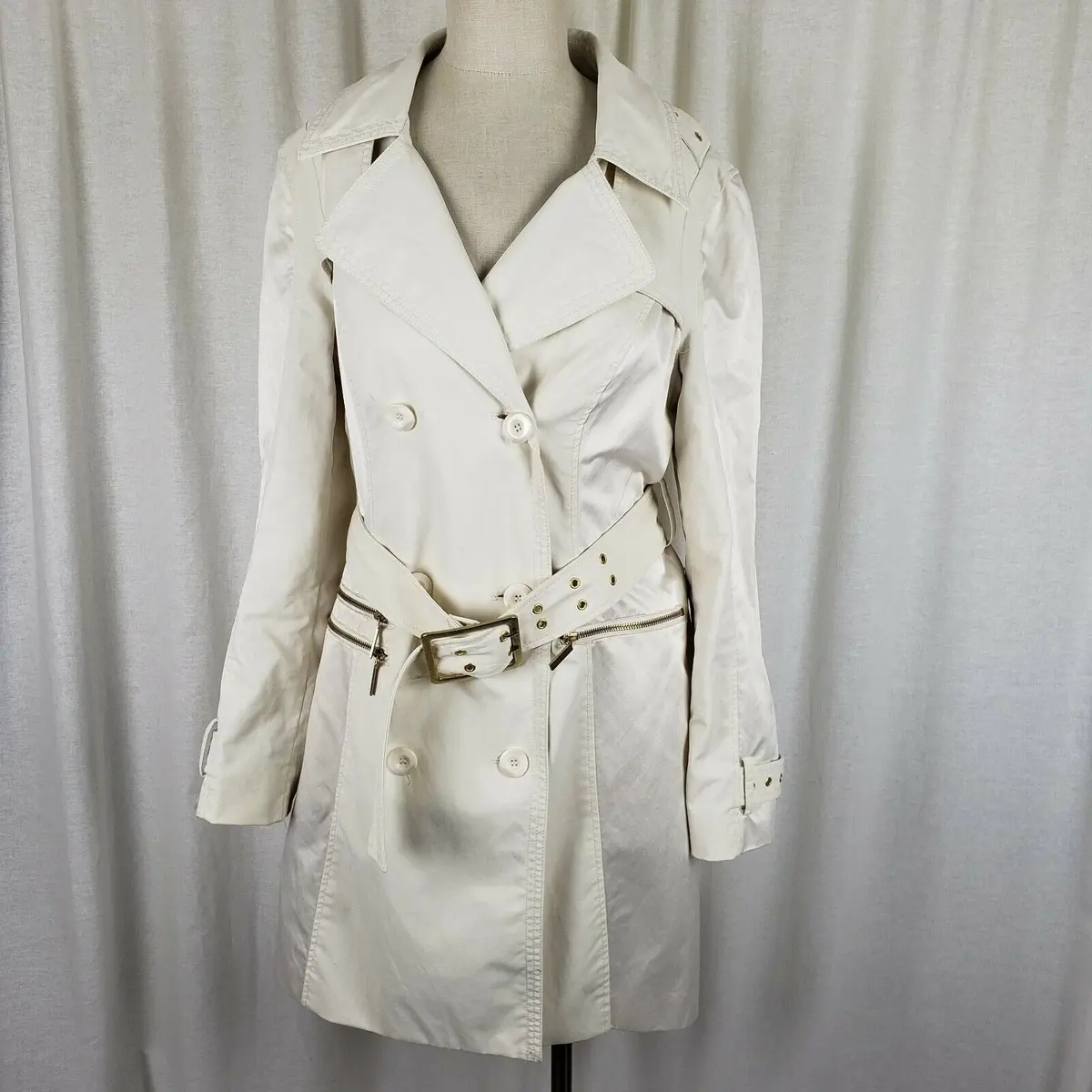 Blanc Noir Multi Zippered Pockets Belted Trench Coat Womens M L Cotton Stretch 1