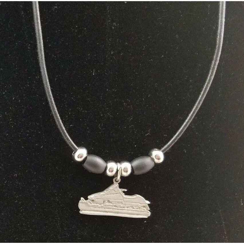 Snowmobile Winter Pewter Silver Black Rope Beaded Necklace Pendant Charm Jewelry 1