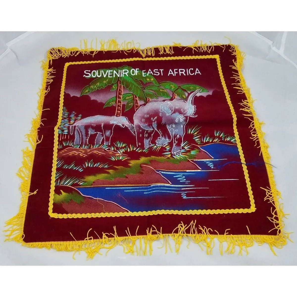 50S 60S Souvenir East Africa Elephants Hand Painted Black Velvet Pillow Cover 1