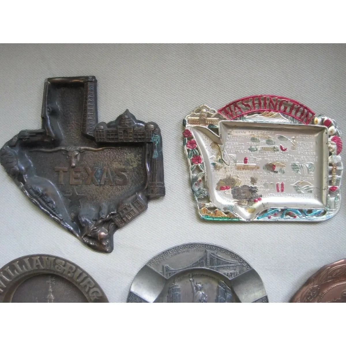 Lot Of 7 Vintage Ashtrays Tourism Travel States Painted Metal Collectibles Japan 2