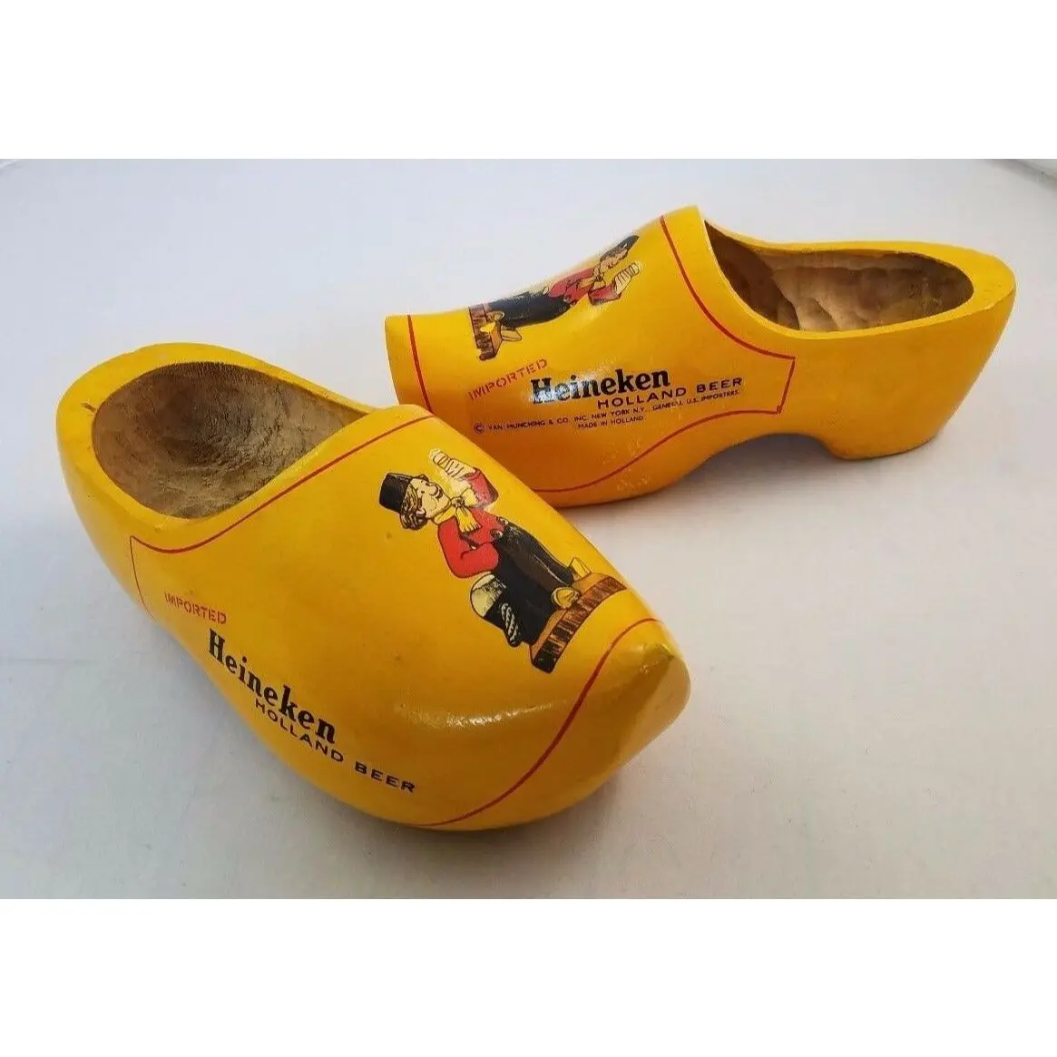 Heineken Beer Advertising Pair Of Wood Shoes Clogs Holland Yellow Carved Wooden 1