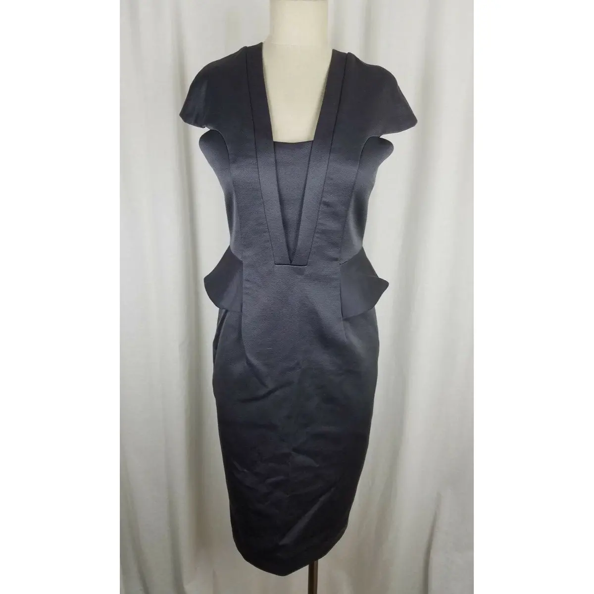 Bastyan Fitted Peplum Dress Slate Gray Womens 8 Cap Sleeve Avant Garde Cotton 1