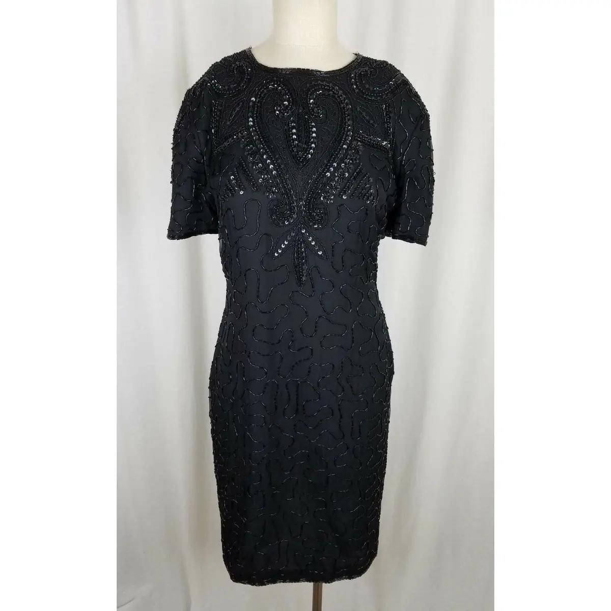 Vintage American Night Glam Heavily Beaded Silk Formal Cocktail Dress Womens M 1