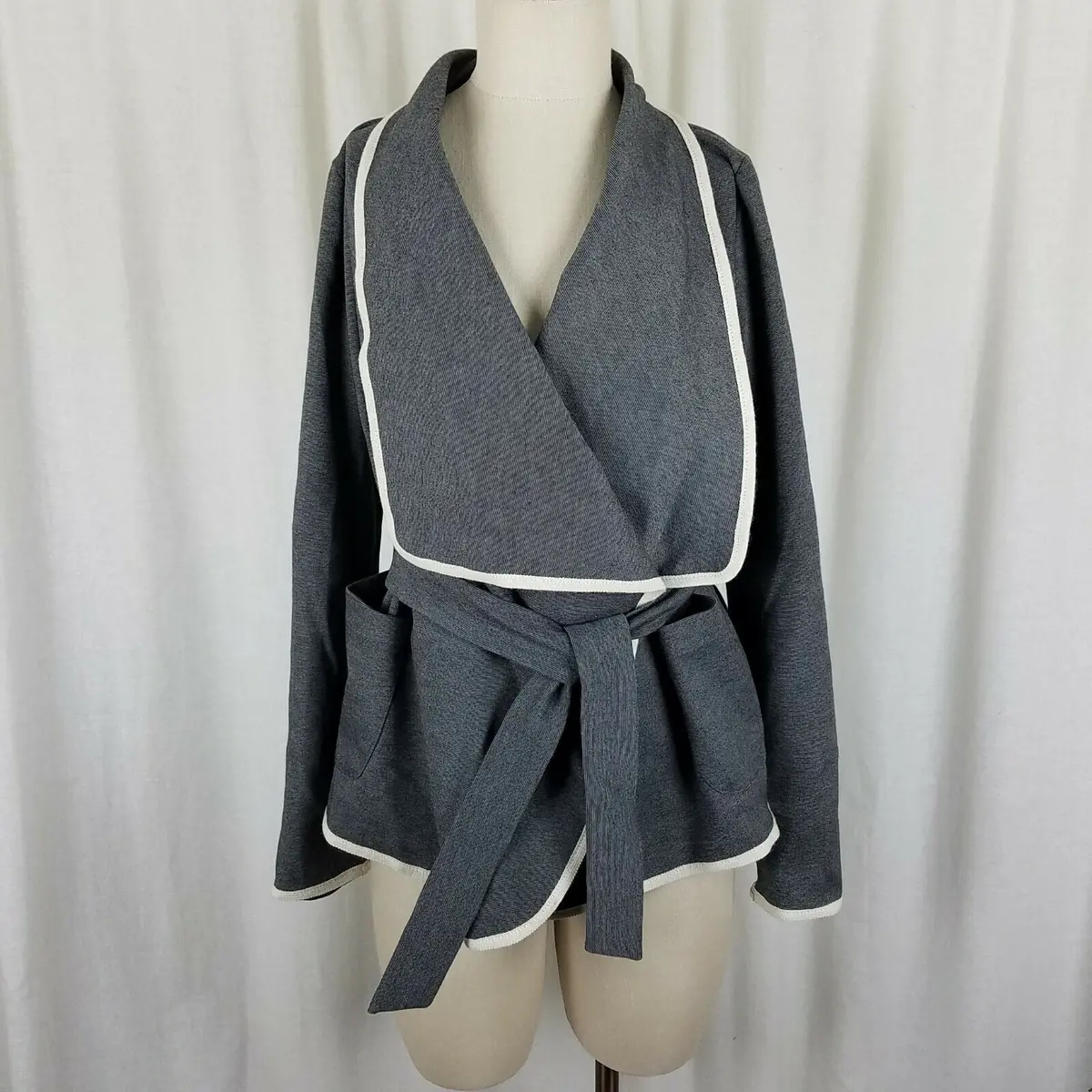 Terminal D Belted Wool Open Front Wrap Jacket Womens L Belt Tie Sash Wide Lapel 1