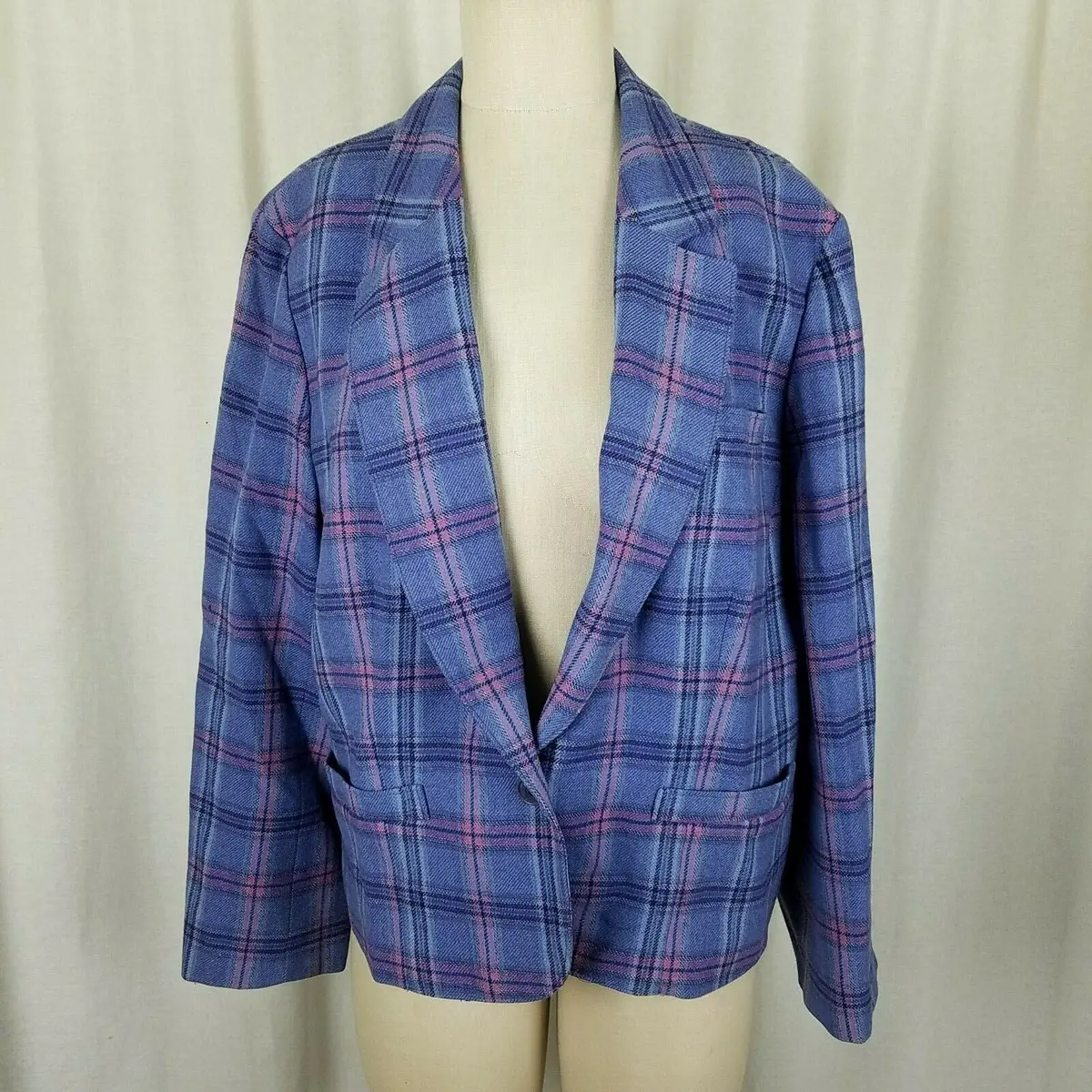 Vintage Pendleton 100% Wool Plaid Blazer Tuxedo Jacket Womens L Usa Blue Label 1