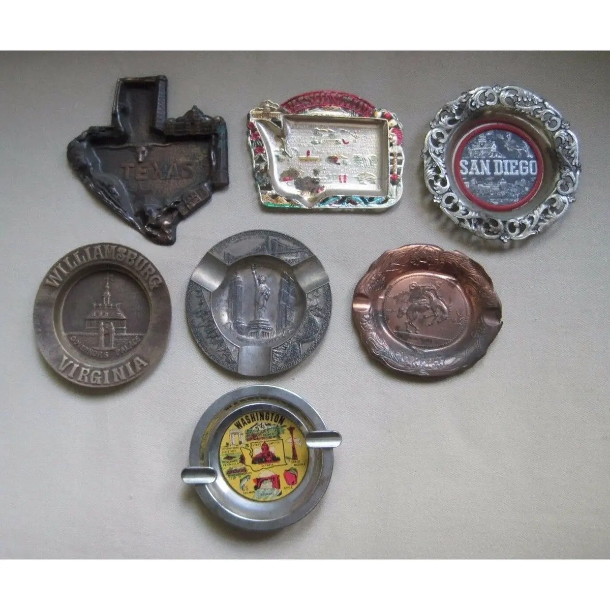 Lot Of 7 Vintage Ashtrays Tourism Travel States Painted Metal Collectibles Japan 1