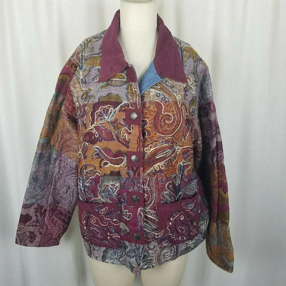 Tantrums Quilted Paisley Tapestry Art To Wear Jacket Blazer Womens L Corduroy 1