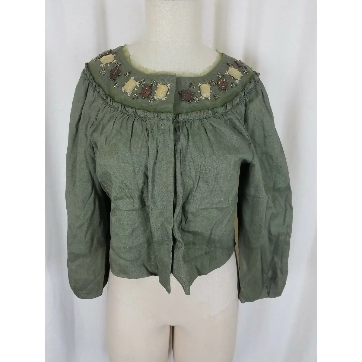 Boston Design Studio Linen Olive Cropped Snap Up Beaded Blazer Jacket Womens 12P 1