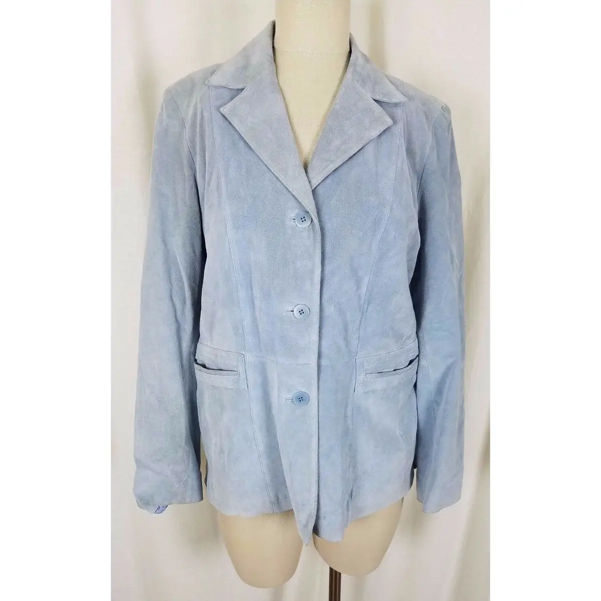 Liz Claiborne Blue Suede Leather Full Button Up Blazer Style Jacket Womens L 1