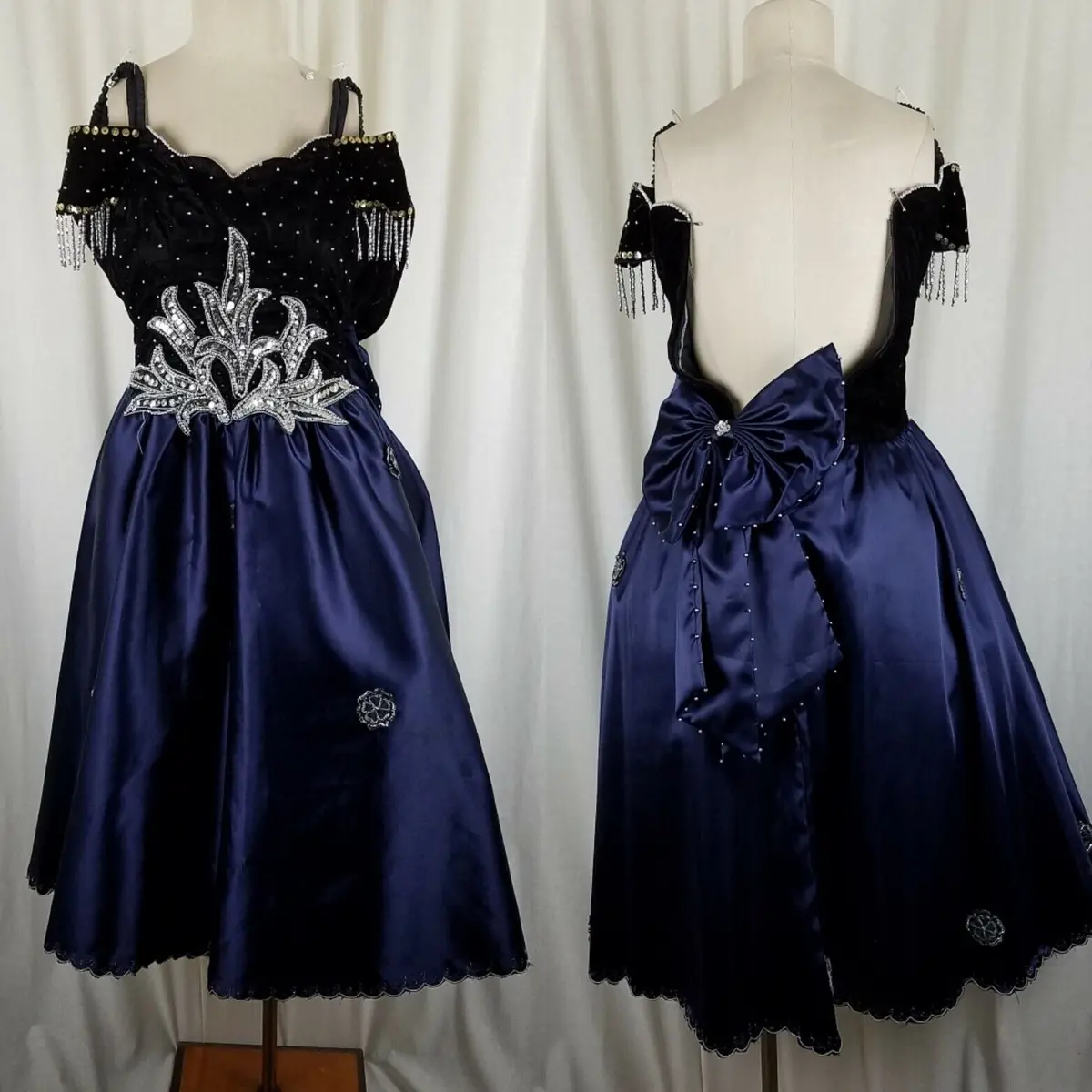 Vintage Navy Blue Velvet Chiffon Jeweled Prom Pageant Dress Junior 2Xl Womens Xs 1