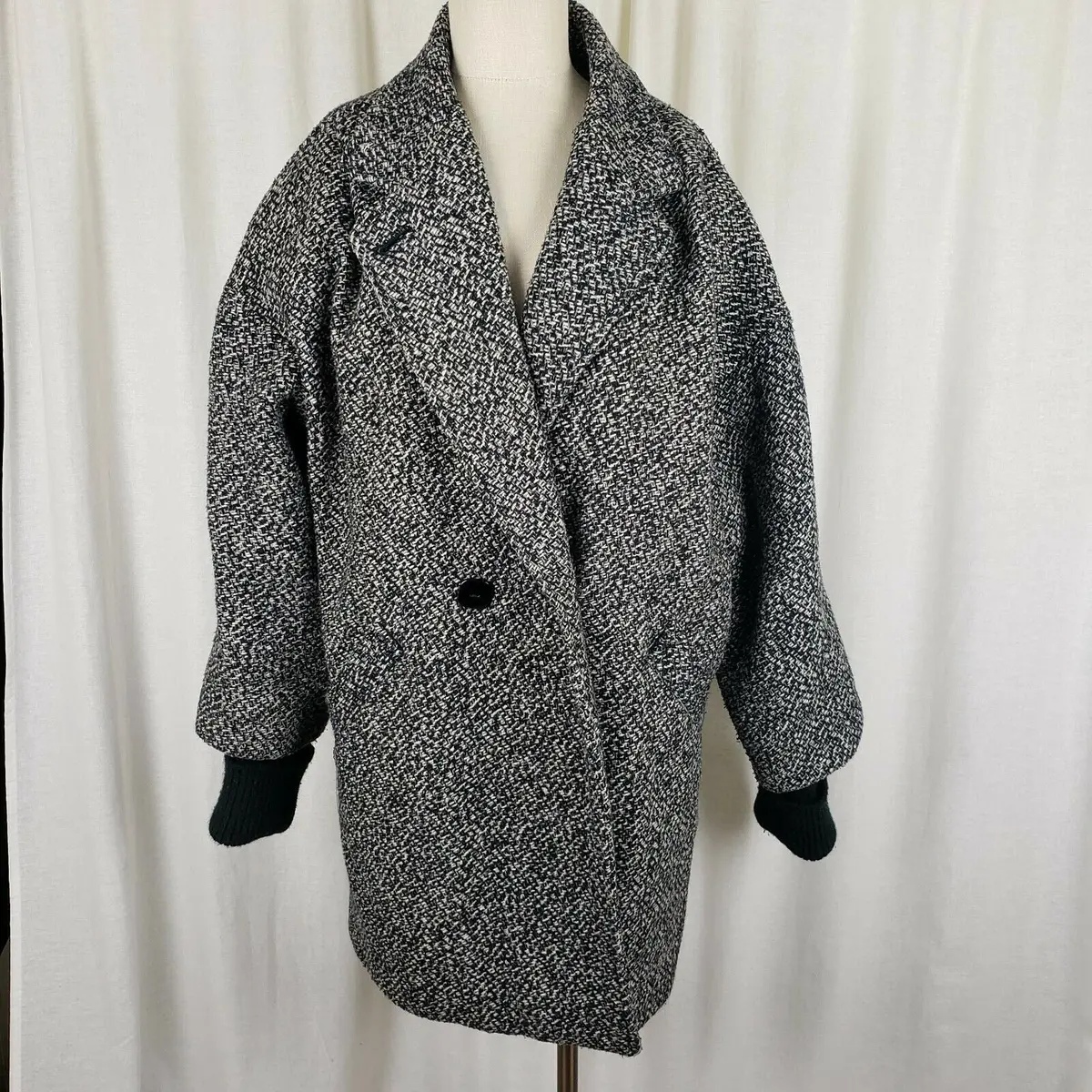 Britanny 80S Tweed Oversized Knit Trim Wool Peacoat Womens 12 Usa Black & White 1