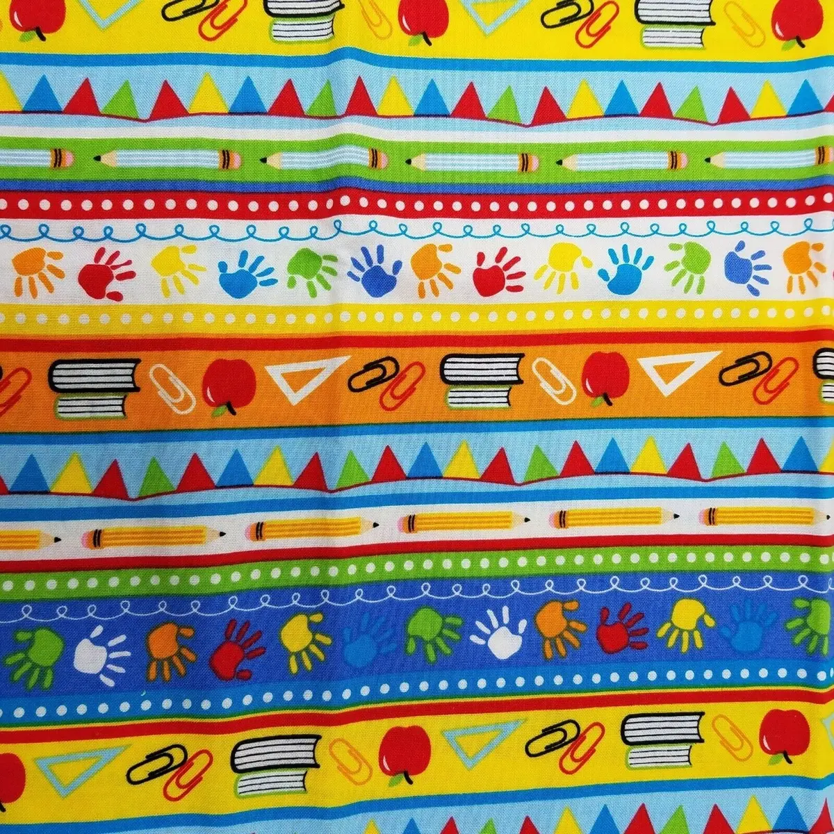 Kindergarten Elementary School Teacher Print Fabric 1/2 Yard Books Handprints 1