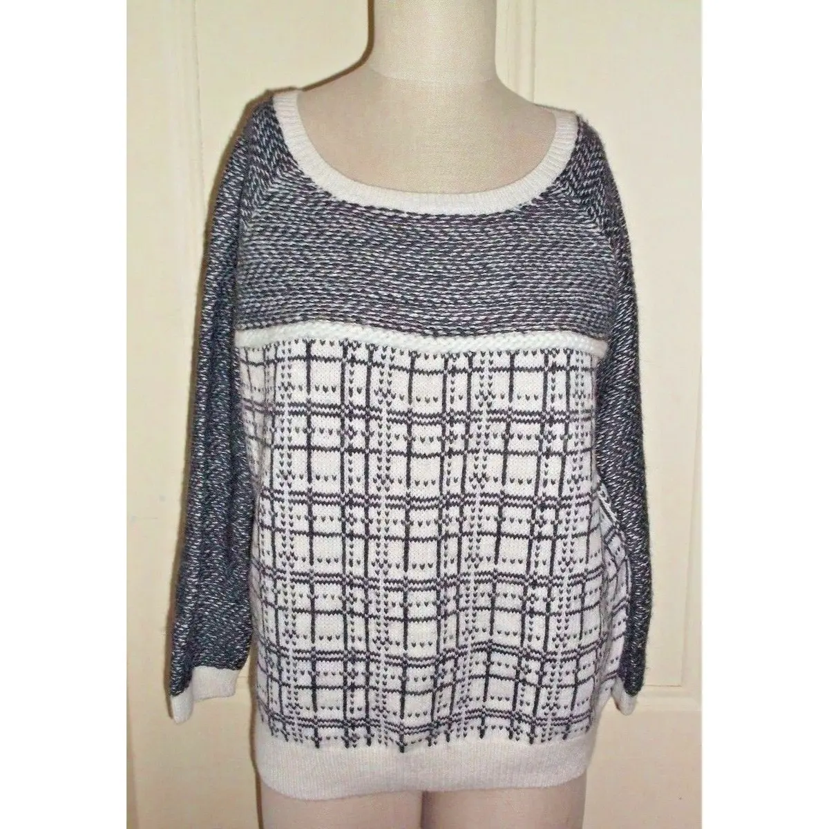 Ann Taylor Loft Alpaca Wool Plaid Knit Scoop Neck Sweater Womens L 3/4 Sleeve 1