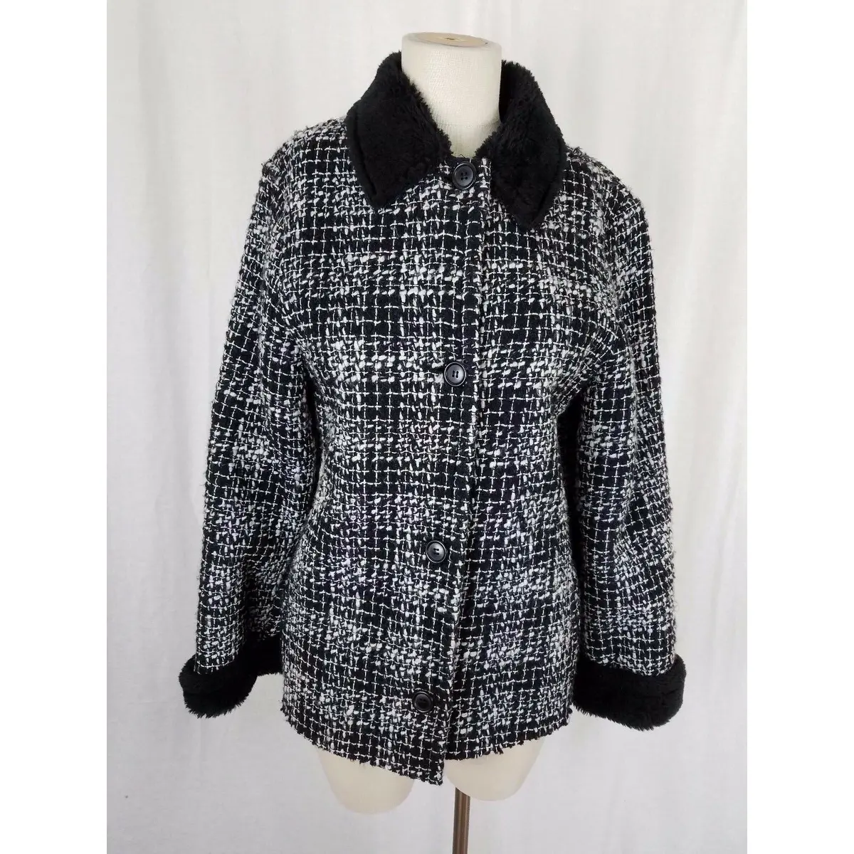Simon Chang Boucle Woven Tweed Plaid Vegan Faux Pile Fur Lined Jacket Womens 7 8 1