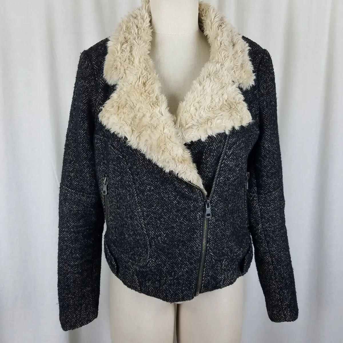 Zara Trafaluc Side Zip Shearling Wool Herringbone Tweed Moto Jacket Womens L 1
