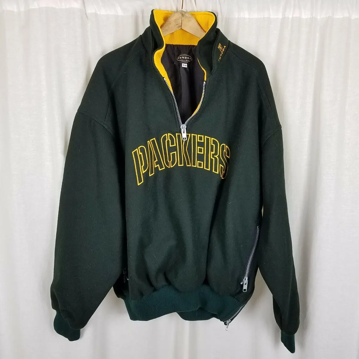 Vintage Green Bay Packers Pullover Henley Wool Bomber Jacket Mens Xl 1/4 Zip 1