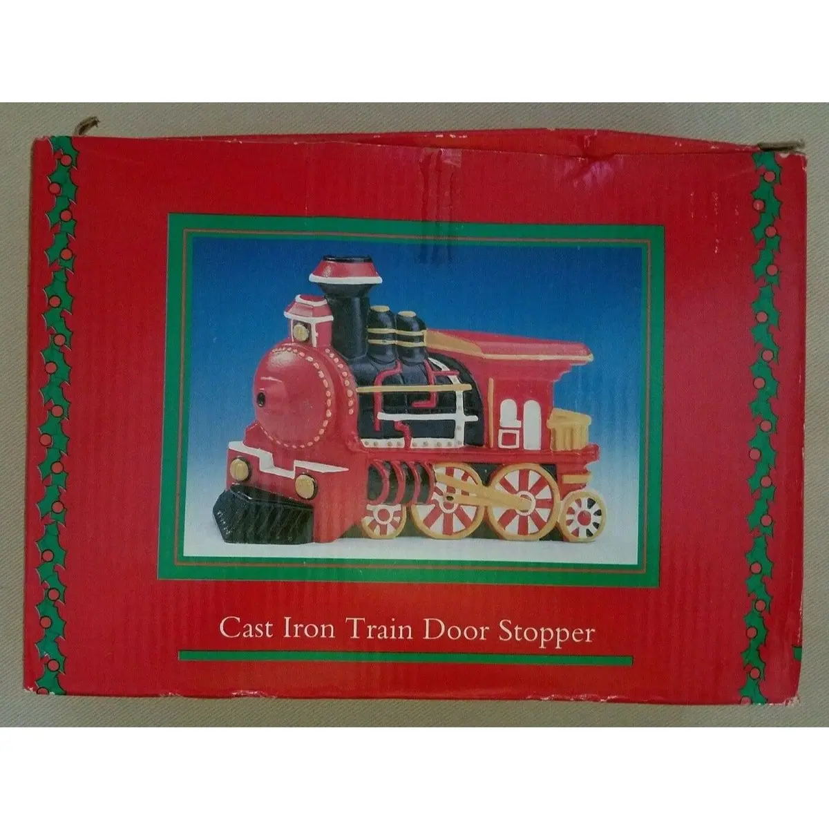 Cast Iron Christmas Train Door Stopper Painted Vintage Holiday Ornament Stop Nos 1