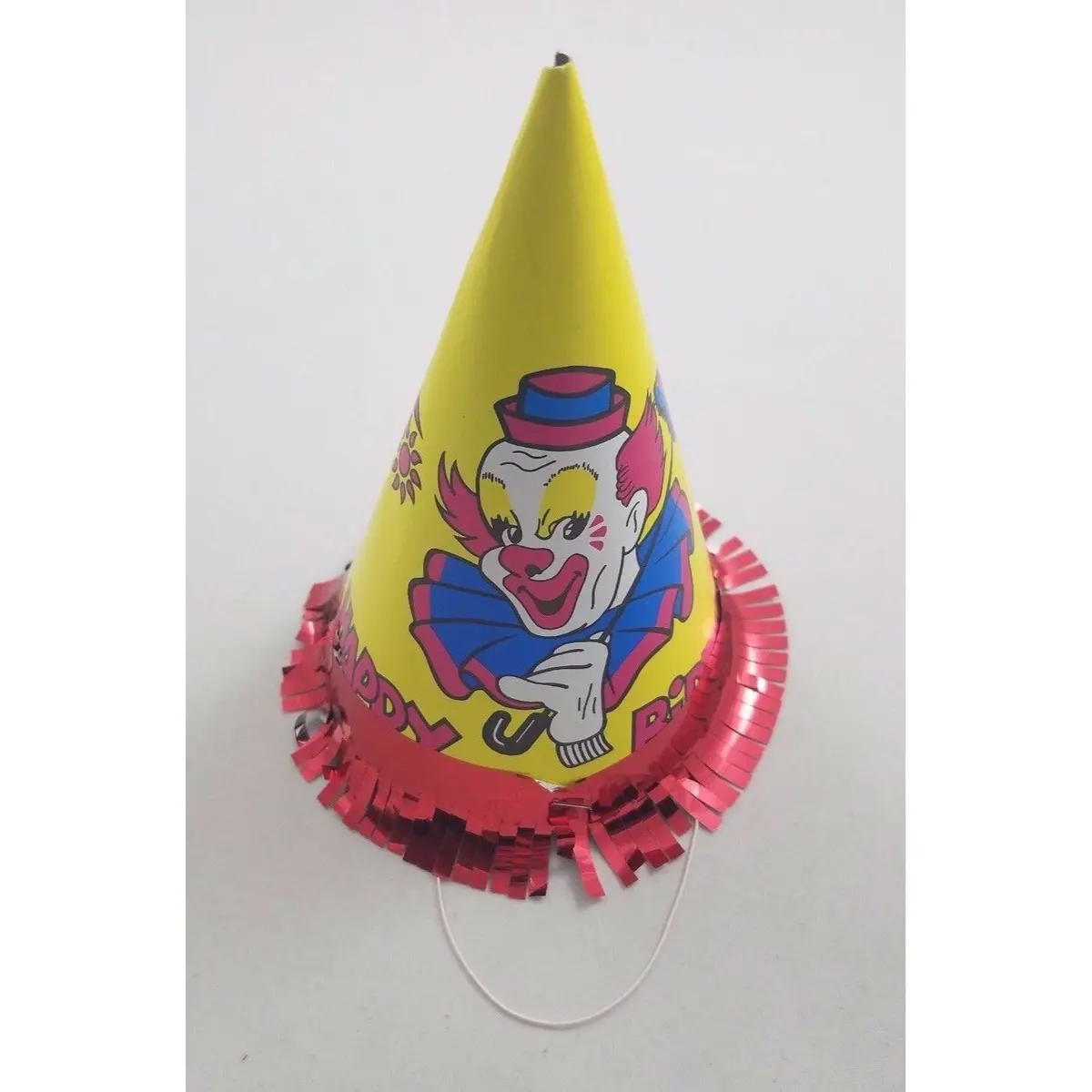 Vintage Circus Clown Happy Birthday Party Paper Cone Hat Yellow Bozo Red Fringe 1
