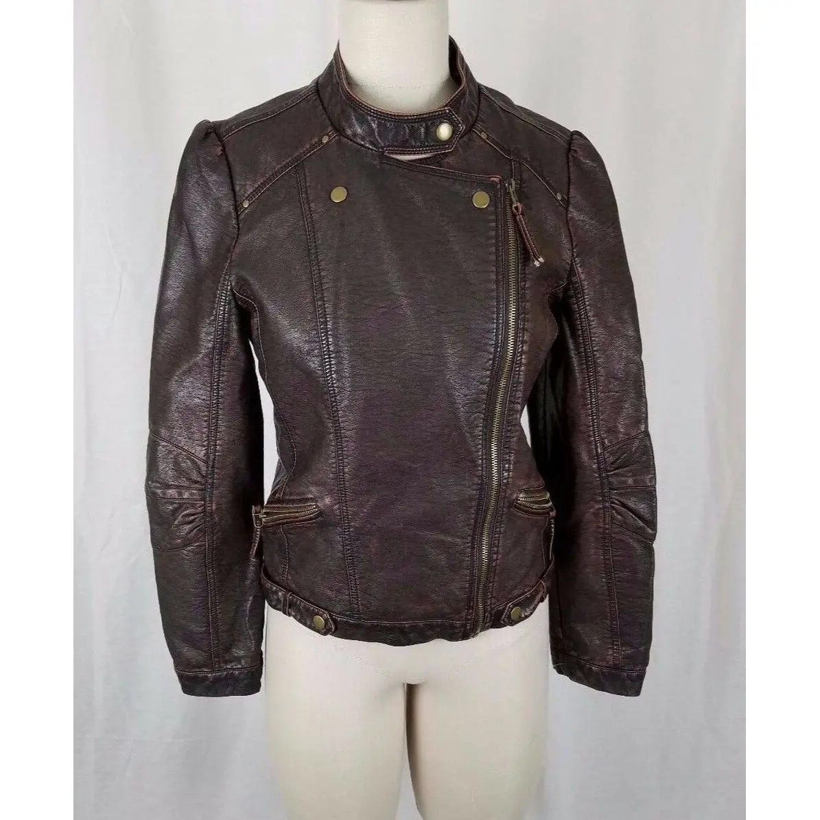Paparazzi Vegan Leather Moto Jacket Womens L Brown Envelope Asymmetrical Closure 1