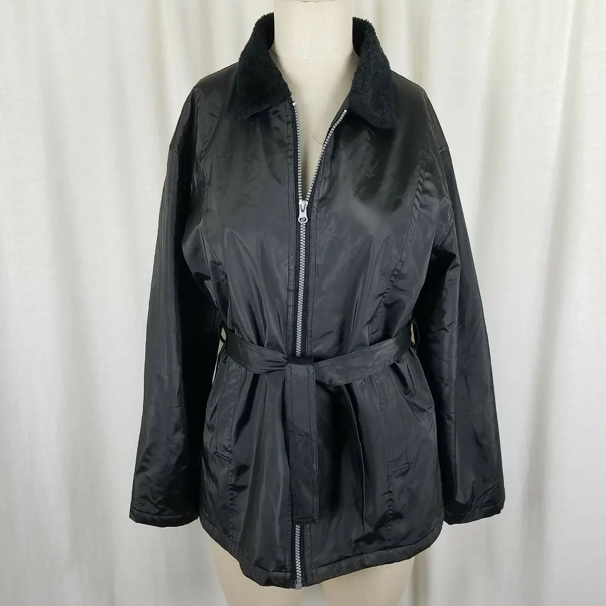 Original Supreme Quality Pvc Vegan Faux Fur Collar Belted Tie Jacket Womens L 1