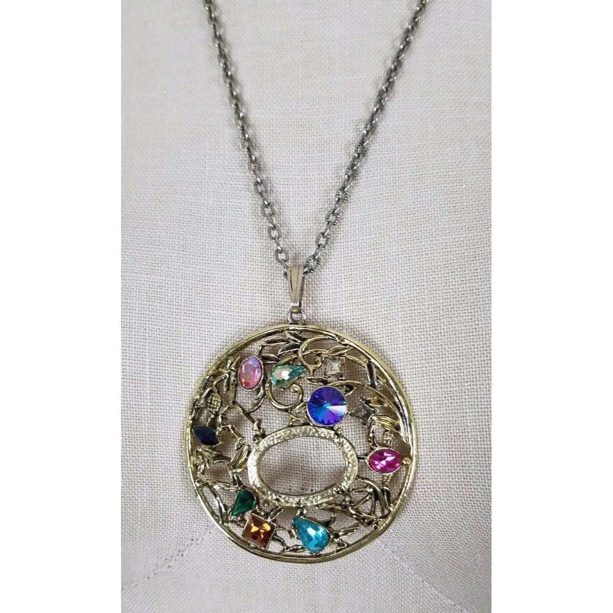 Colorful Jeweled Medallion Pendant Necklace Silver Filigree Statement Charm 1