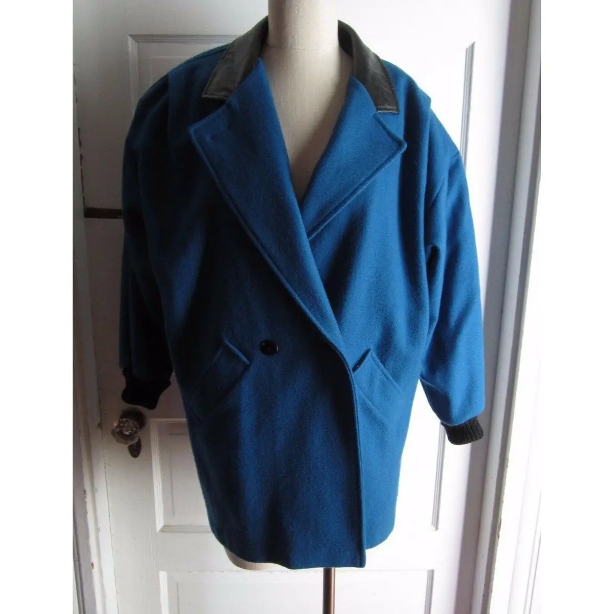 Sheridan Square Vegan Leather Knit Wool Short Coat Peacoat Womens 8 Bright Blue 1