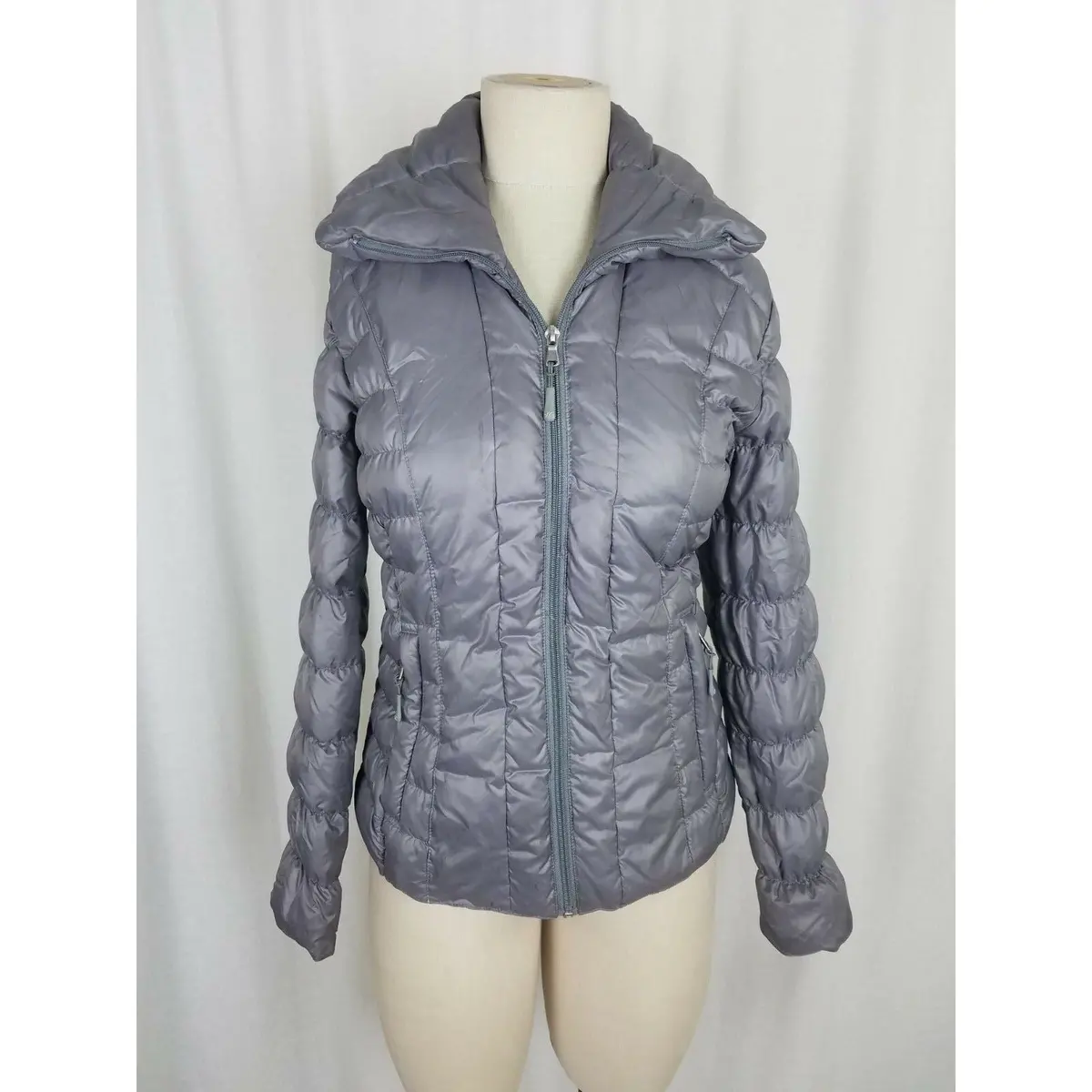 Kenneth Cole Quilted Down Puffer Parka Jacket Womens Xs Silver Metallic Gray 1