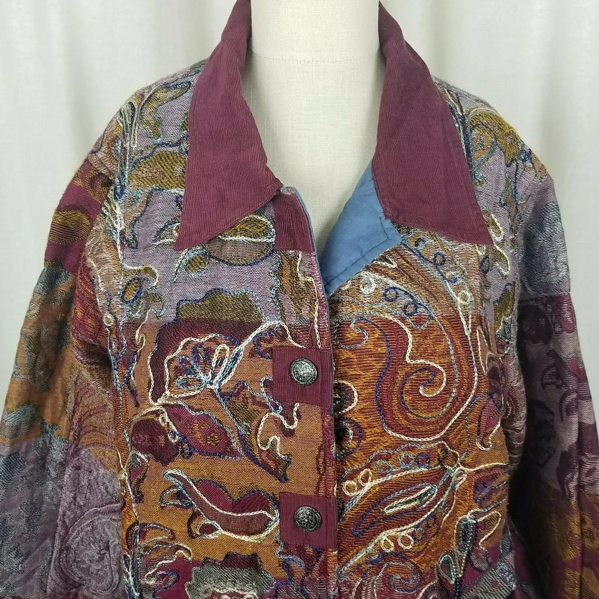 Tantrums Quilted Paisley Tapestry Art To Wear Jacket Blazer Womens L Corduroy 2