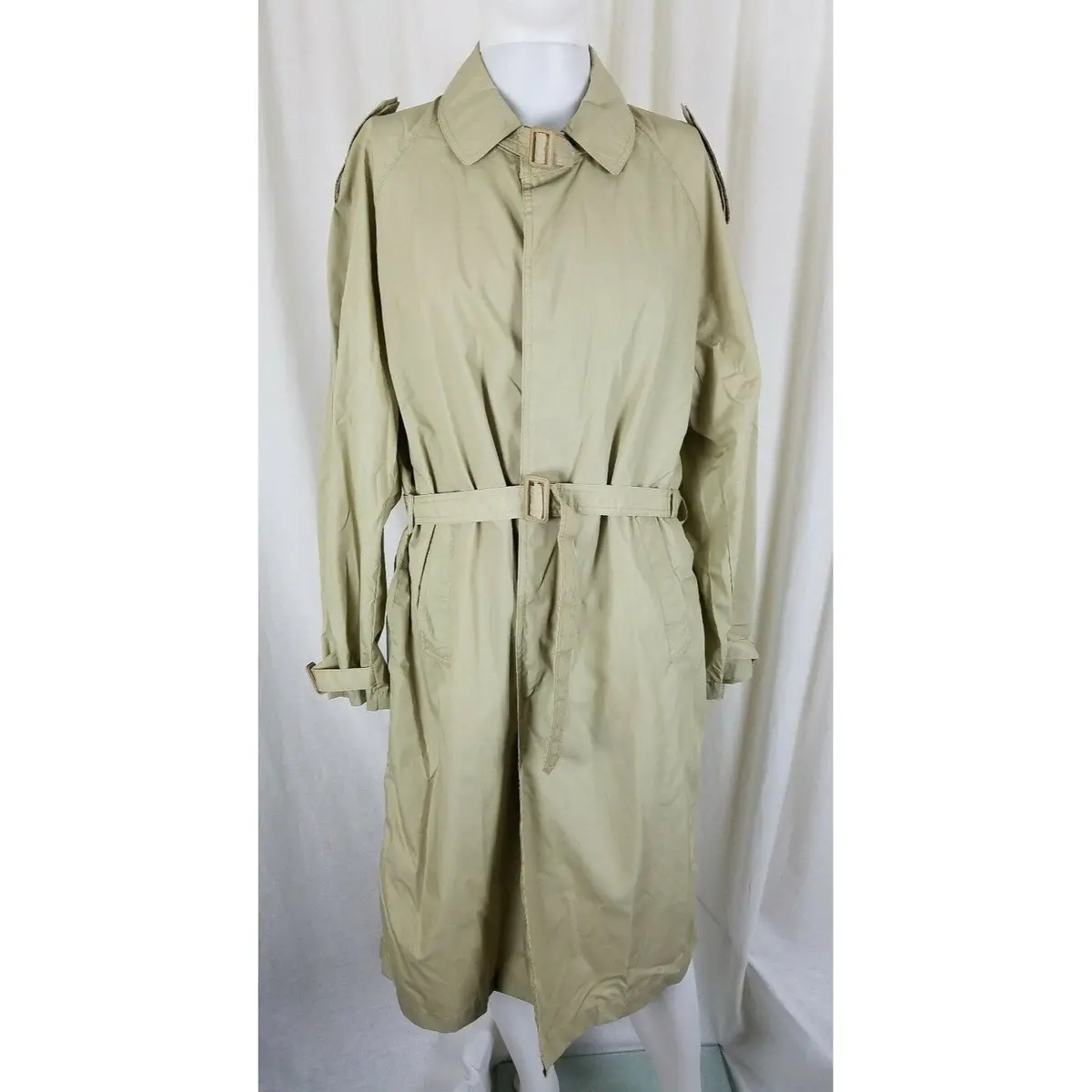 Vintage Fox Knapp Belted Placket Front Lightweight Rain Trench Coat Mens M Khaki 1