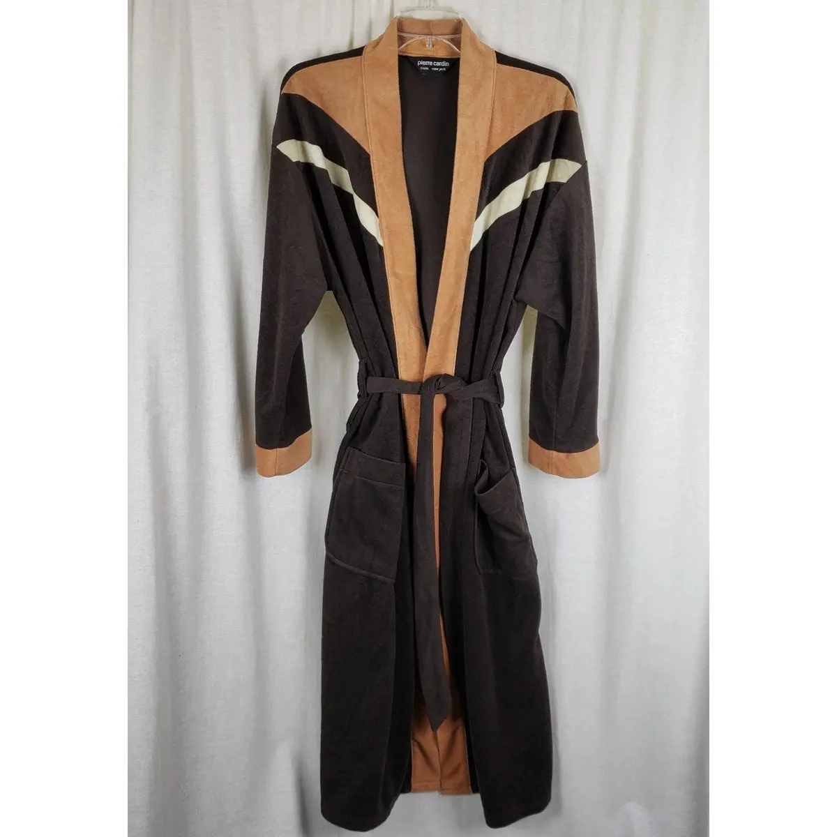 Pierre Cardin Brown Velour Wrap Bath Robe Mens Os Striped Usa Smoking Jacket 70S 1