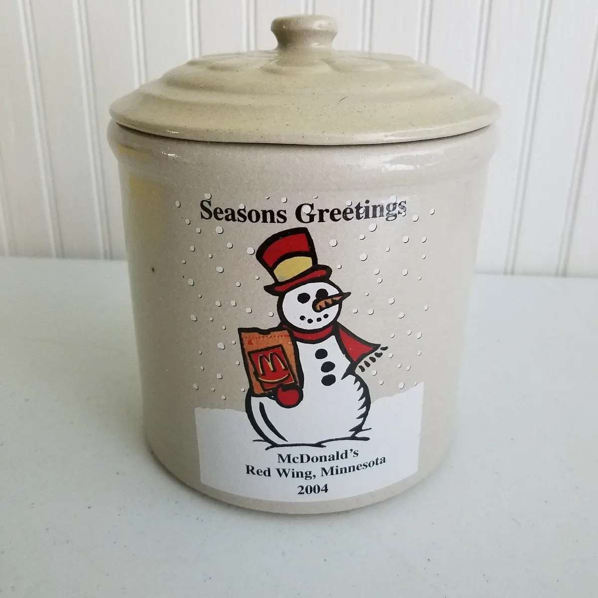 Vtg Redwing Mcdonalds Christmas 2004 Stoneware Crock Daisy Lid # 14/250 Snowman 1