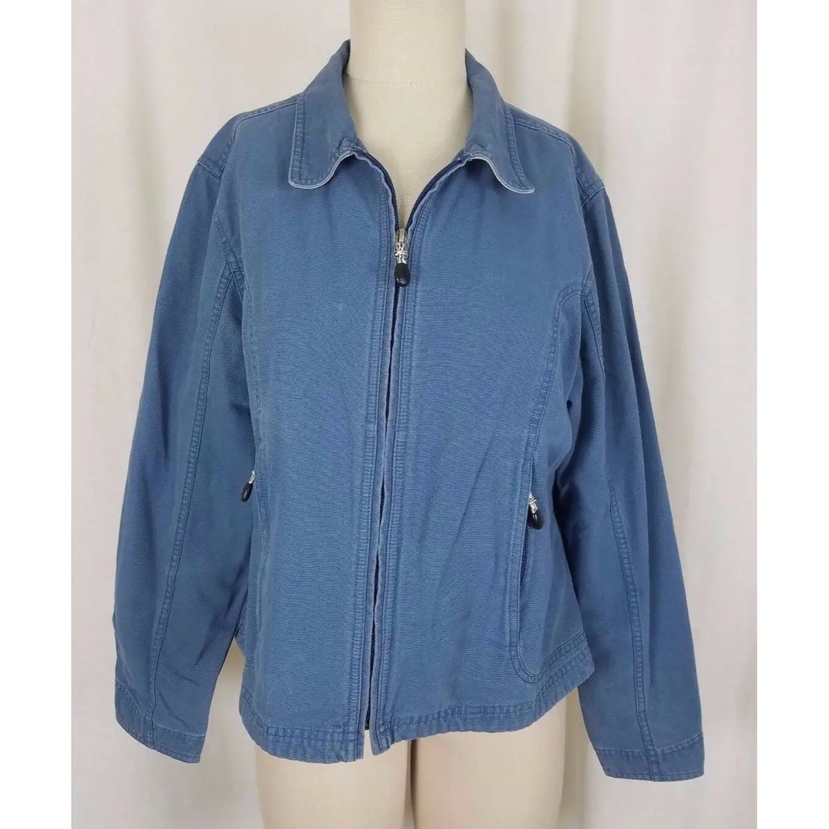 Ll Bean Sunwashed Blue Canvas Zip Up Short Barn Coat Denim Jean Jacket Womens L 1