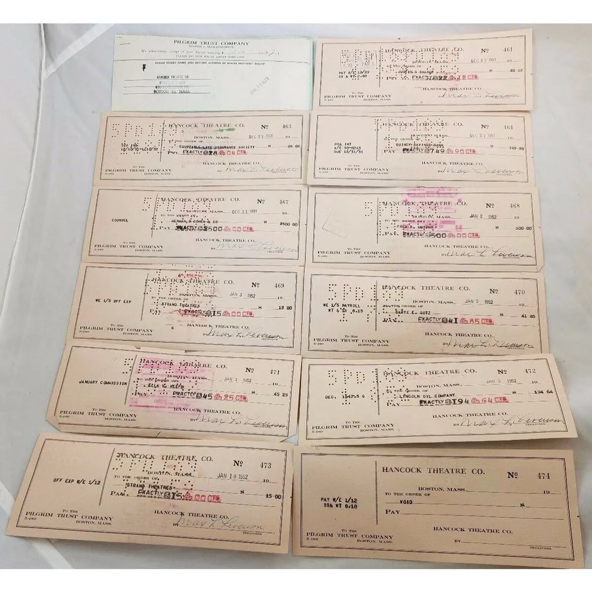 Hancock Theatre Boston Jan 1952 Cancelled Bank Checks Deposit Slips Lot Strand 1