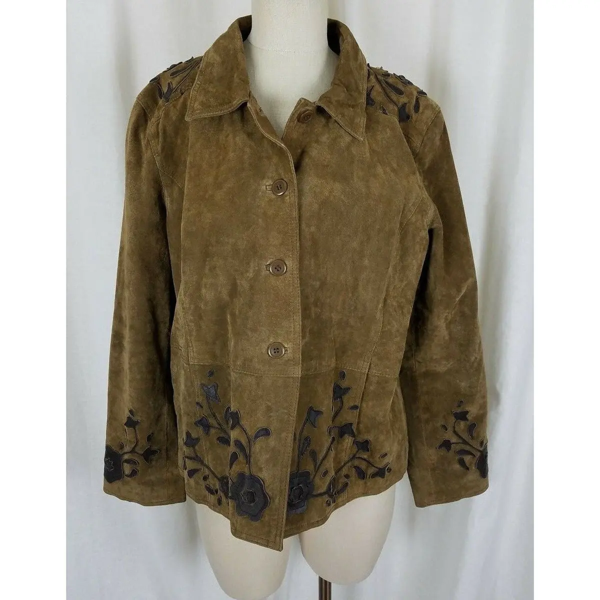 Brandon Thomas Brown Leather Suede Embellished Vines Applique Jacket Womens Xl 1