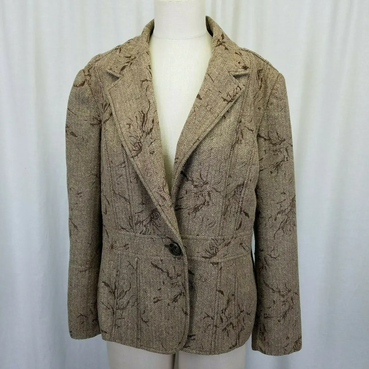 Coldwater Creek Belted Flocked Herringbone Wool Blazer Jacket Womens 14 Brown 1