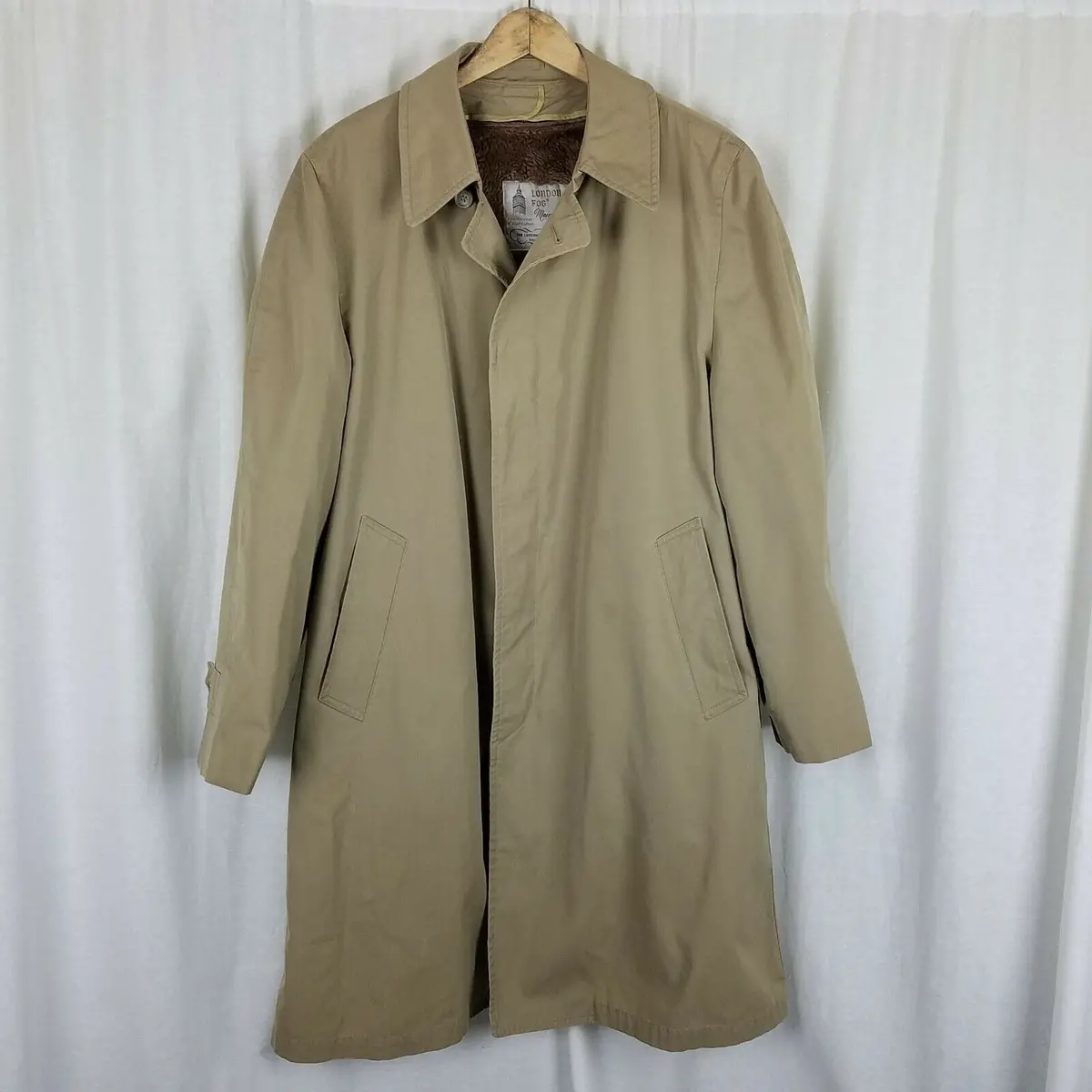 London Fog Trench Coat Deep Pile Faux Fur Removable Liner Mens 40R Vintage Khaki 1
