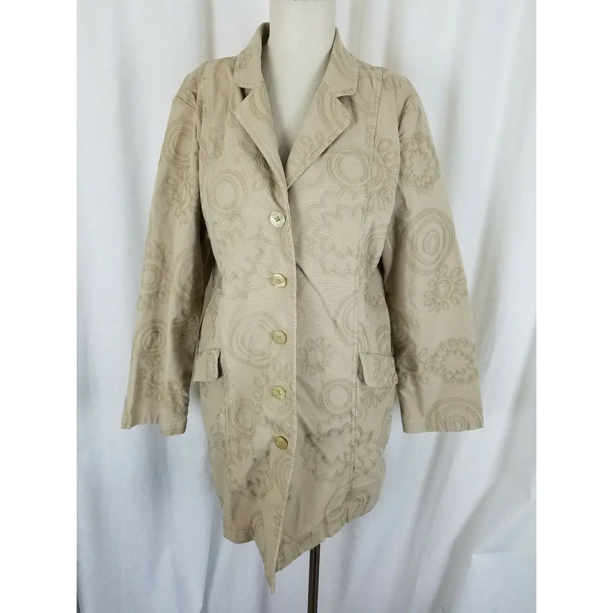 J.Jill Canvas Cotton Embroidered Pleated Fit & Flare Riding Jacket Coat Womens M 1