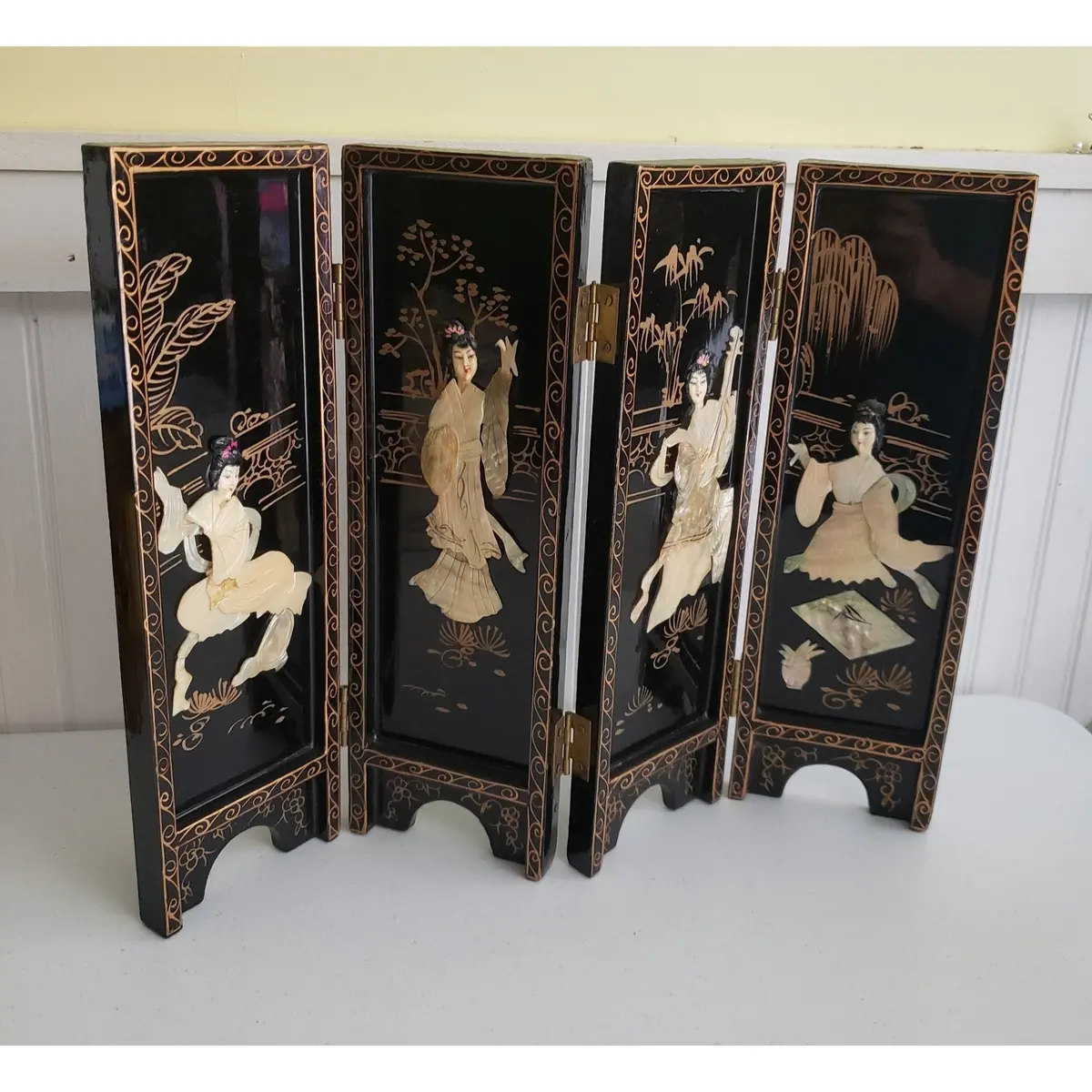 Vintage Asian Black Lacquer Wood Folding 4 Panel Table Screen Mother Of Pearl 1