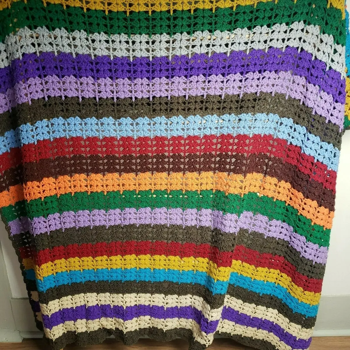 Vintage Crochet Striped Rainbow Afghan Grandma Blanket Handmade 50X78 Twin Full 1