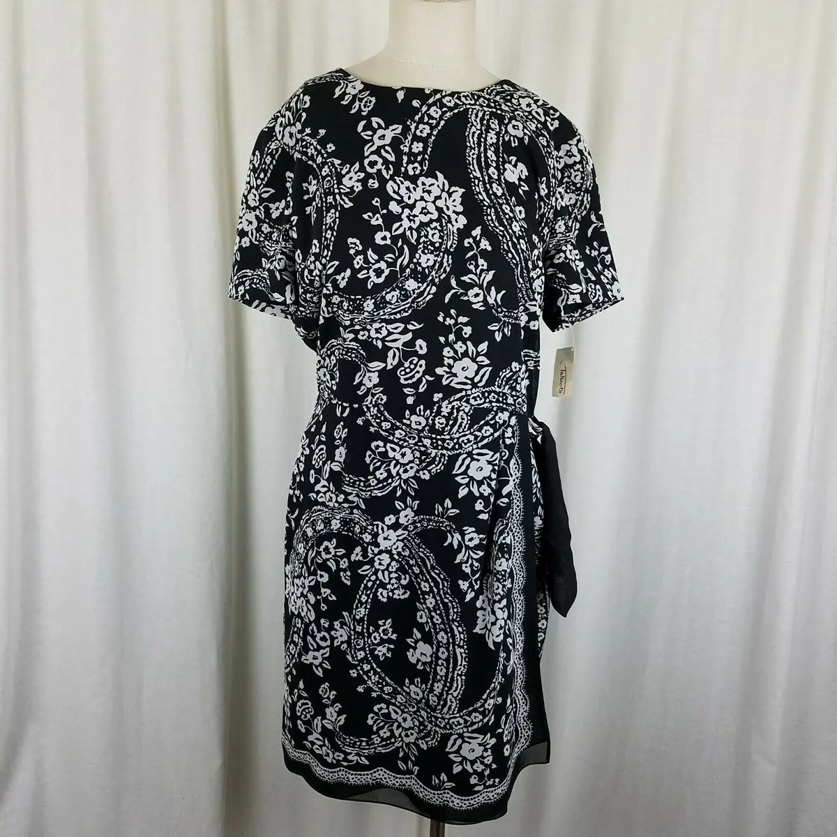 Vintage Talbots Black & White Floral Circle Vines Faux Wrap Dress Womens 14 New 1