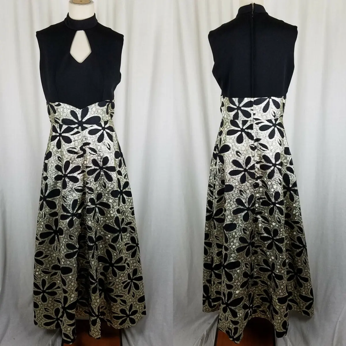 Vintage Black & Gold Metallic Maxi Floral Aline Keyhole Dress Womens S M Party 1