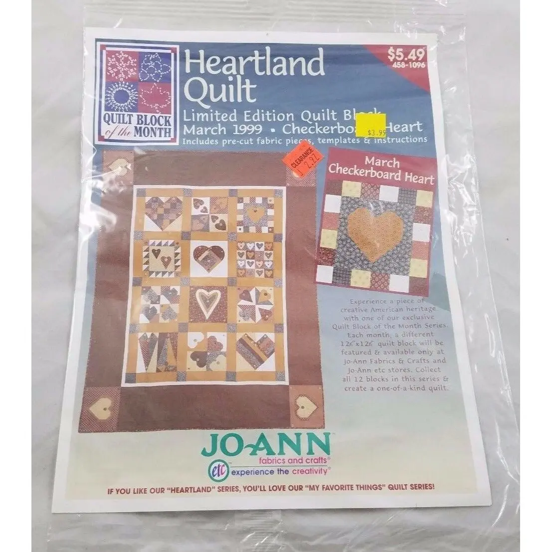 Joann Heartland Quilt Block Of The Month March 1999 Checkerboard Heart Sealed 1
