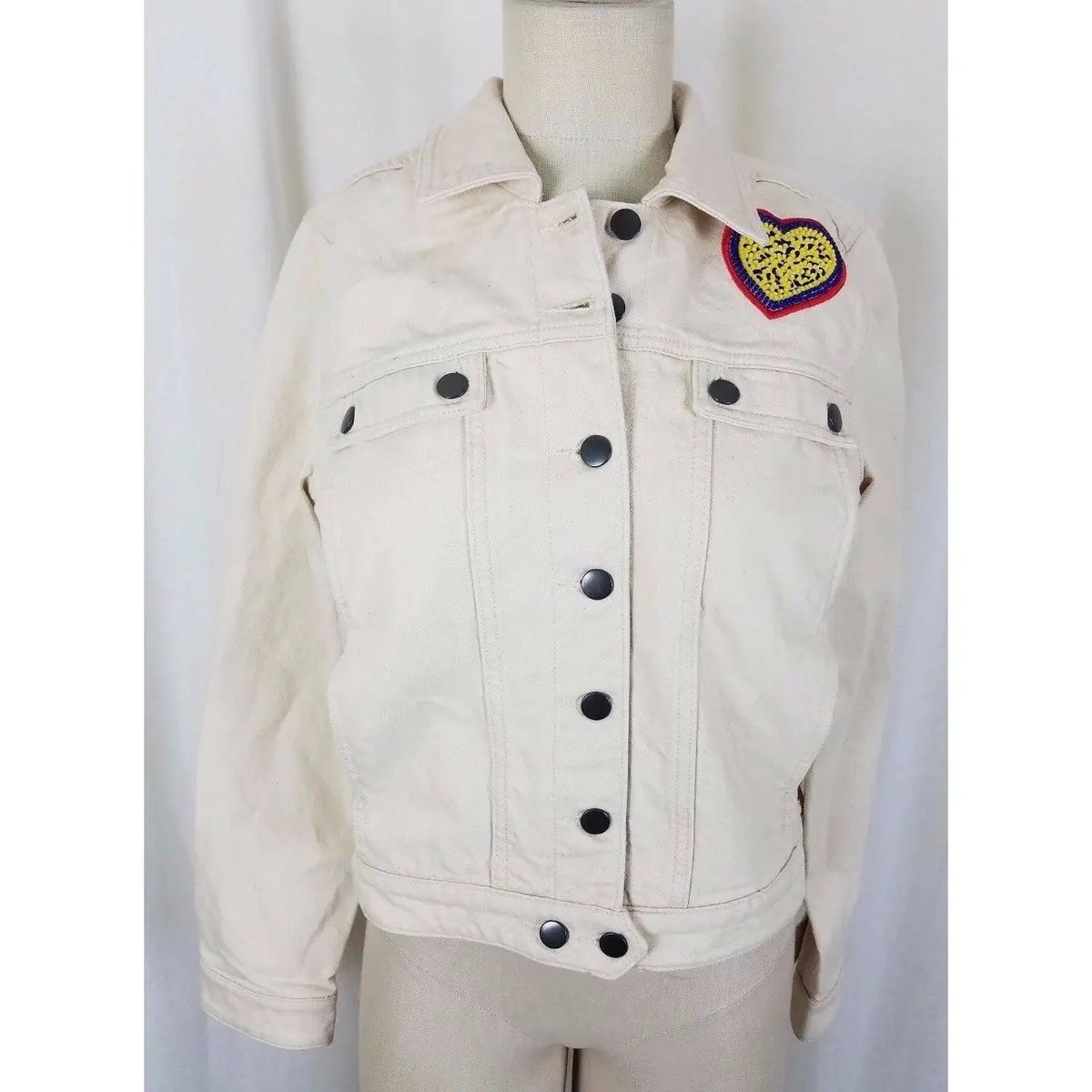 Anthropologie Maison Labiche Embroidered Heart Denim Jean Jacket Womens M Patch 1