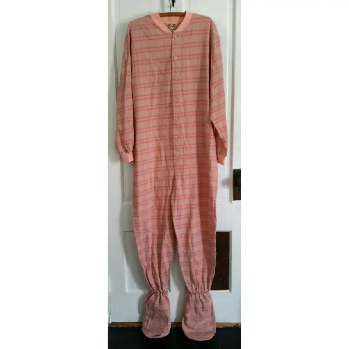 Big Feet Pajamas Co. Footed Footie Pj's One Piece Pink Plaid Union Suit Womens L 1